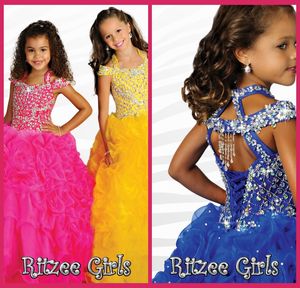 2014 Ritzee Girls Ball Gowns Spaghetti Pagant Klänningar Kristallklänningar Beading Royal Blue Organza Baby Dress