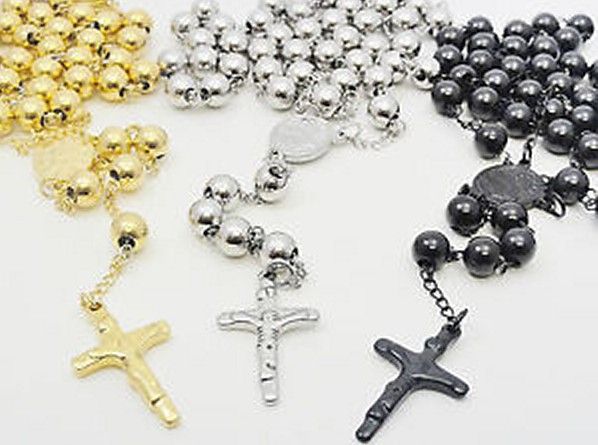 Silver/Gold/Black Pick Heavey fashion MEN`S HEAVY SOLID STAINLESS STEEL30''+5.5''8mm ROSARY NECKLACE*106g