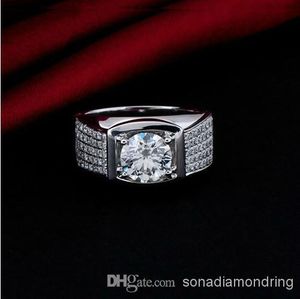 Wholesale - 5Ct Exclusive Diameter 11mm NSCD SONA Synthetic Diamond Ring For Men Luxury Wedding Man Ring 925 Sterling Silver 18K Gold Plated
