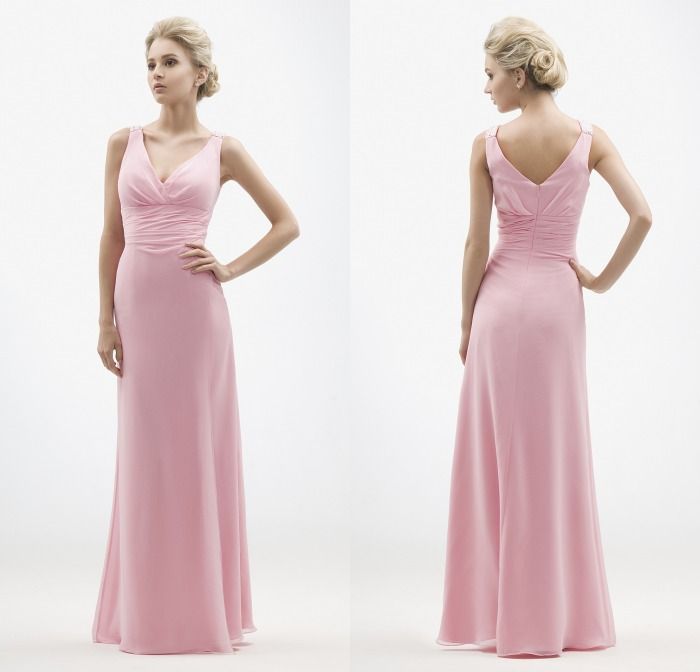 Western Style A Line V Neck Floor Length Pink Chiffon