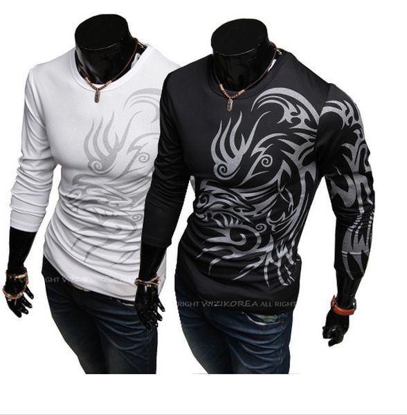 

European and American style dragon totem tattoo long sleeve 2014 Brand t shirt for Men T-Shirts Mens Casual Long Sleeves O-neck T-Shirts