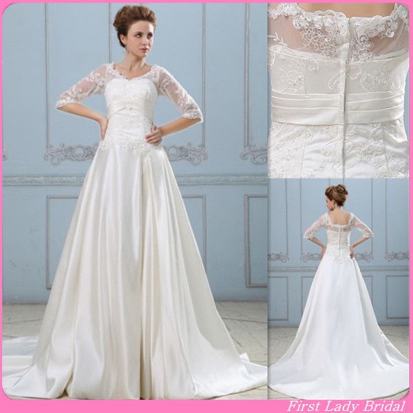 2015 Elegant Half Sleeves Wedding Gowns Ivory Satin And Lace A Line ...