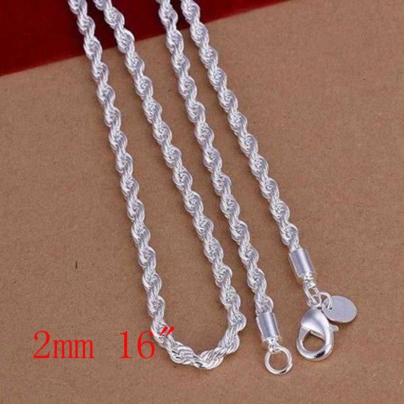 Mode Men's Jewelry Gift 925 Sterling Silver 2mm Rope Chain Charms Halsband 16 tum 18 tum 20 tum 24 tum 102883