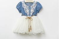 Wholesale 2018 New Children Clothing Good Quality Denim Net Yarn Girl Sweet Dress With Belt Short Sleeve Baby Kid s Princess Dress GX65