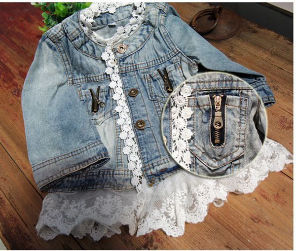 Langarm Jeansjacke Tops Mäntel Mädchen Nette Lace Jacken Mode Prinzessin Casual Mantel Blau Denim Jacke Kinder Kleidung Kinder Outwear