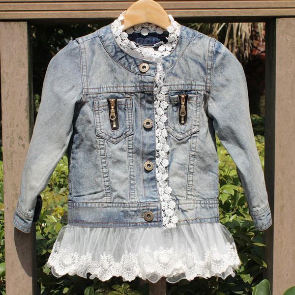 Langarm Jeansjacke Tops Mäntel Mädchen Nette Lace Jacken Mode Prinzessin Casual Mantel Blau Denim Jacke Kinder Kleidung Kinder Outwear