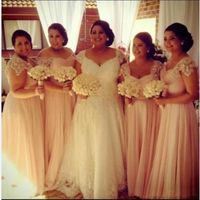 Wholesale New arrival Pink Chiffon V neck Floor Length A line Cap Sleeves Plus size Bridesmaid Dresses