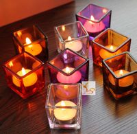 Creative Color Glass Candle Holder Square Candle Stand Theelight Holder Base Party Decoratie Promotie Gift 4 stks / partij SH277