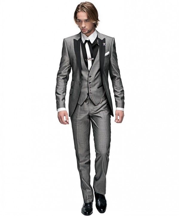 Classic One Button Groom Tuxedos Ljusgrå Bästa Man Peak Black Lapel Groomsman Män Bröllopskläder Brudgum (Jacka + Byxor + Tie + Vest) J329