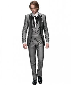 Classic One Button Groom Tuxedos Light Grey Best man Peak Black Lapel Groomsman Men Wedding Suits Bridegroom (Jacket+Pants+Tie+Vest)J329