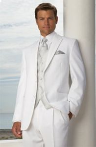 Custom Made Clássico Slim Fit Noivo Smoking Branco Melhor homem Pico Lapela Groomsman Homens Ternos De Casamento Noivo (Jaqueta + calça + Gravata + Colete) J332