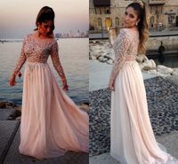 Wholesale Oscar Elie Saab Sexy Long Sleeve Prom Dresses Sheer Beads Lace Appliques Chiffon Cheap Long Sleeve Evening Gowns Prom Dress
