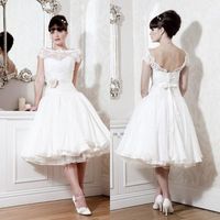 Wholesale Sexy Graden Cap Sleeve Sheer Backless Wedding Ball Gowns Dresses White Vintage Tea Length Wedding Dress Lace Plus Size Wedding Dresses
