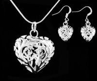 Wholesale 925 Silver plated Stereo Hollow Heart Pendant Necklace Set silver necklace chain earrings Fashion jewelry