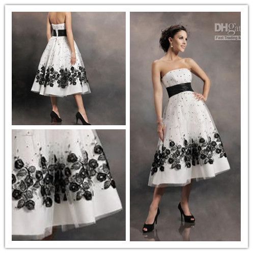 DiscountBlack And White Tea Length Wedding Dress Bridal Gown Summer Use