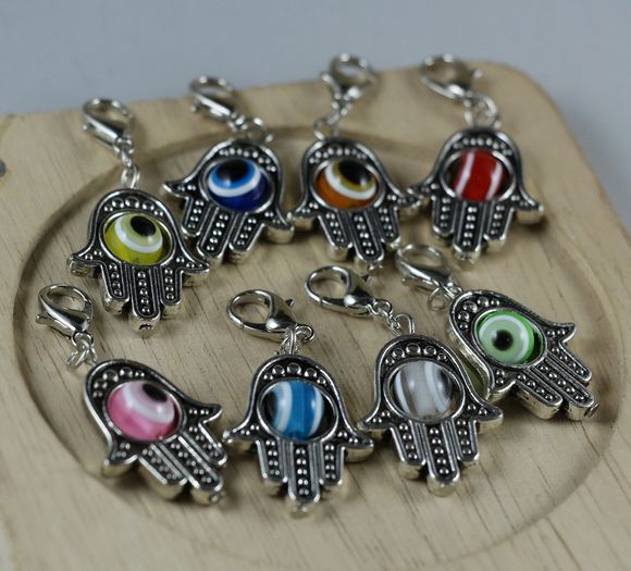 MIC Silve Antique Mão Hamsa Misturado Cor Rotativa EVIL EYE Kabbalah Boa Sorte Dangle Talão E Fecho Da Lagosta 20x45mm 37