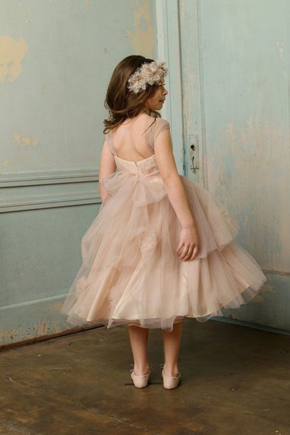 2019 Sweet Square Neck Flower Girl Sukienki Ruched A-Line Tulle Herbata Długość Champagne Pageant Dresses Girl New Designer
