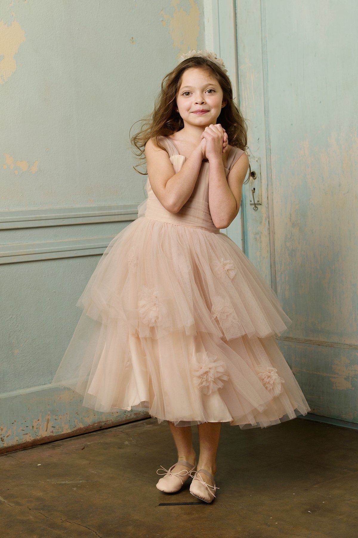 2019 Sweet Square Neck Flower Girl Dresses Ruched A-Line Tulle Tea-Length Champagne Pageant Dresses Girl New Designer