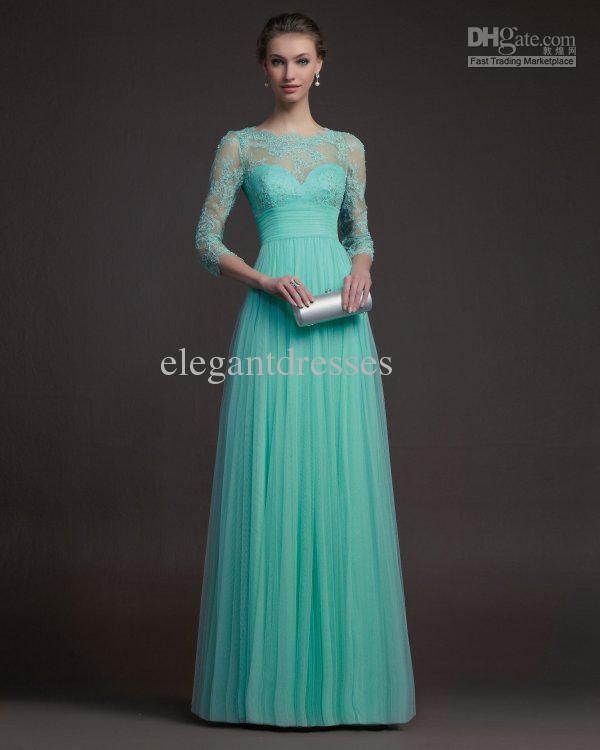 2014 Elegant Lace Long Sleeve Evening Gowns Modest Evening Dresses With
