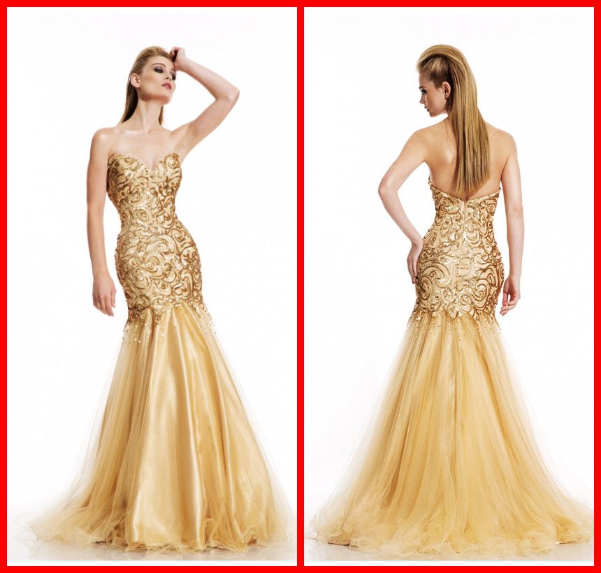 2014 Mermaid Prom Dresses Gold Color Evening Dress Sweetheart Backless ...