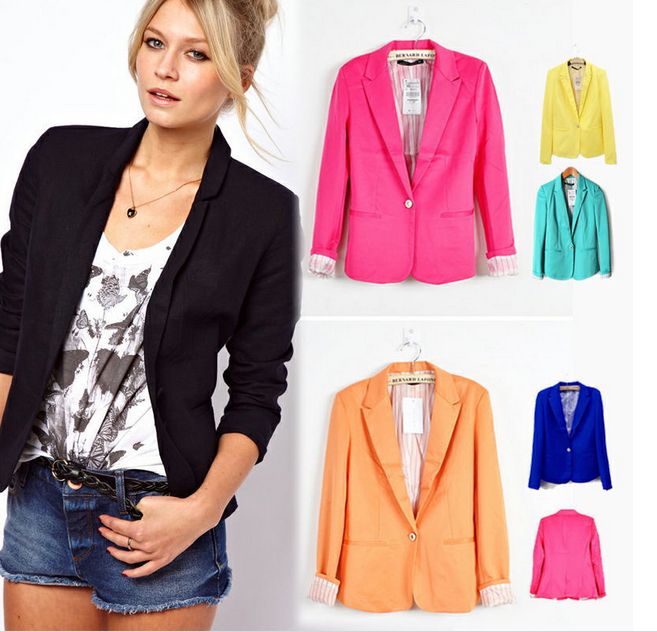 2014 Tops Fashion Blaze Womens Suit Tunic Foldable sleeve candy Color lined striped Blazer Jacket shawl cardigan Coat one button 6 Colours