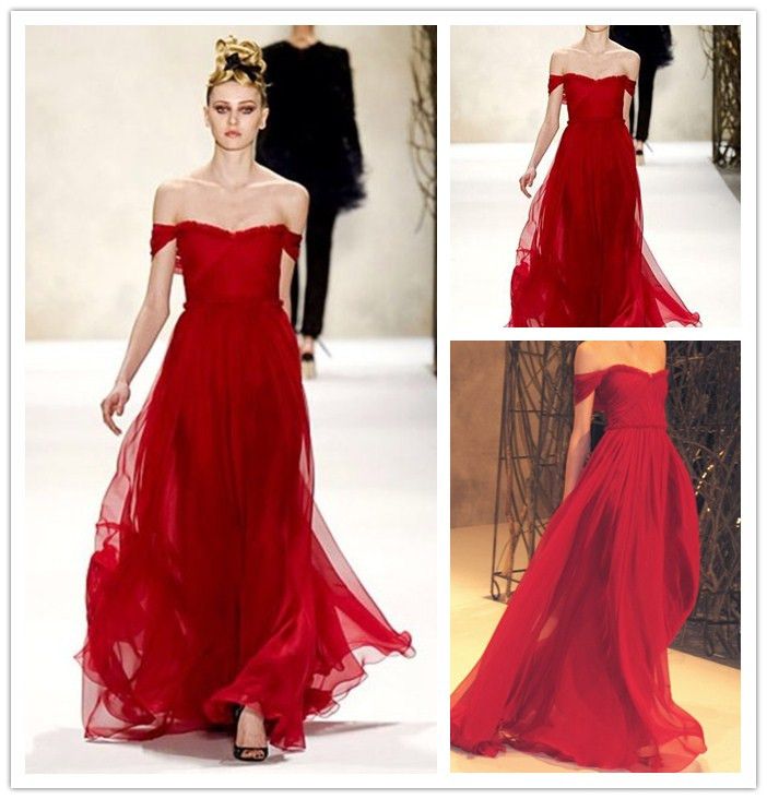2016 Longa Scarlet Red Dress por Monique Lhuillier Sexy Off the Shoulder vestidos de noite Chiffon Prom vestidos até o chão vestidos de festa barato