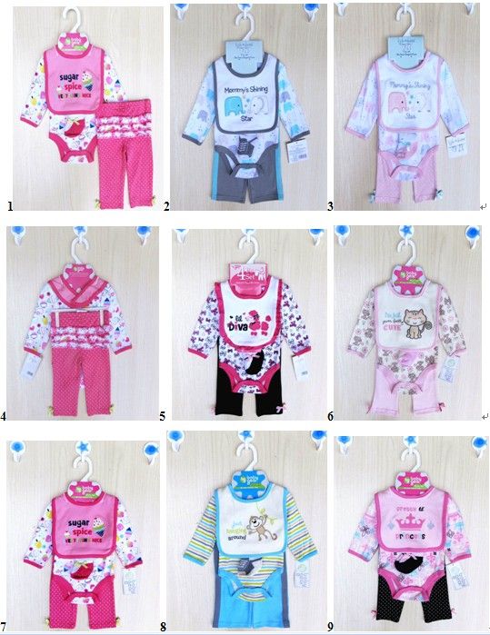 4 pezzi / set Pagliaccetti per bambini Calzini per bavaglini Set per neonato Tute a maniche lunghe Vestiti per bambina 12 set / lotto # 3480