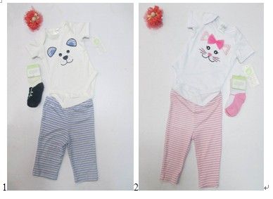 Kortärmad 3 st Set Infant Rompers Pant Socks Pyjamas Toddler Romper 12 Sets / Lot