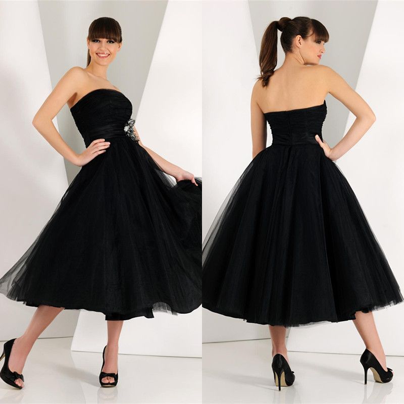 black strapless tea length dress