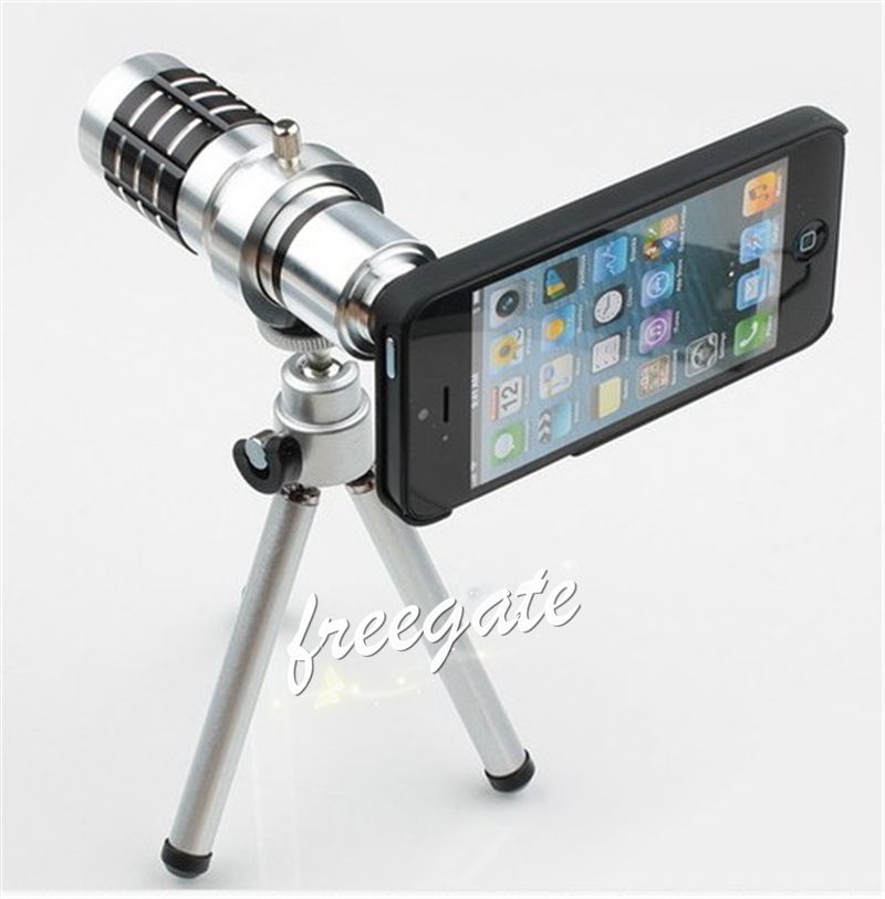 Apple iPhone 5 / 5S Samsung Galaxy S4 i9500 için Mini Tripod Metal Telefoto Teleskobu ile Promosyon 12X Optik Zoom Kamera Lens