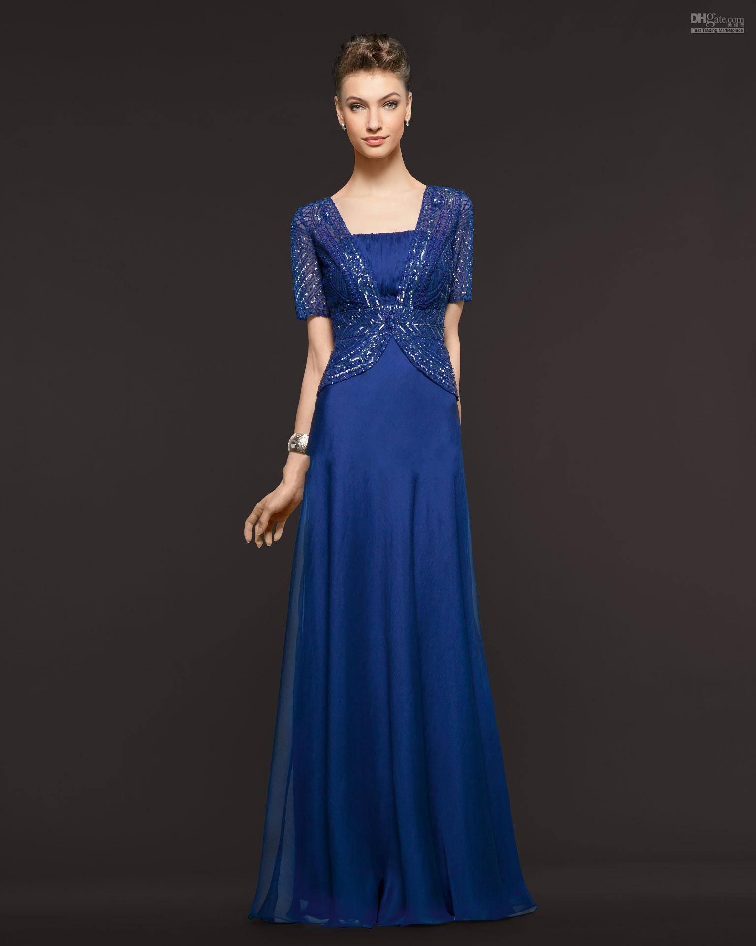 2014 Best Selling Retro Sexy A-lijn Strapless Royal Blue Chiffon Jacket Gedrapeerde Sequin Floor Length Mother of the Bride Jurken