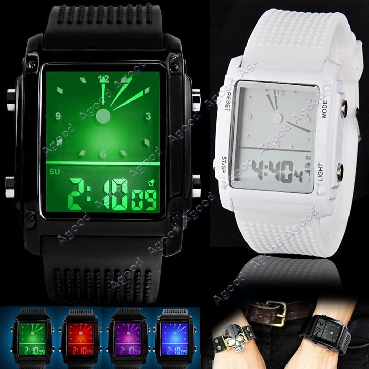 Dual Time LCD Digital Date Alarm Chronograph LED Silicone Unisex Sport