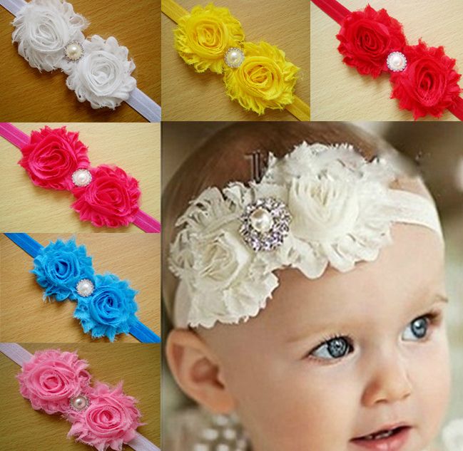 Commercio all'ingrosso - Shabby Baby Head Bands Fiore in raso e chiffon con perle Strass Accessori per capelli per bambina fascia per capelli 50PCS / LOT Shipp gratuito