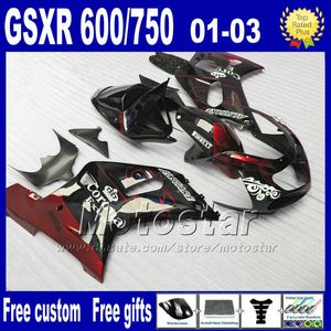 7Gifts ABS Fairings Kit för 01-03 Suzuki GSX R600 R750 2001 2002 2003 K1 Röd svart Corona GSX-R 600/750 Faceing Aftermarket LP93