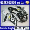 ABS Plastic Fairing Zestaw dla Suzuki GSX-R 600/750 K1 2001-2003 GSXR 600 750 01 02 03 Zestaw czarnej niebieskiej białej owiewki