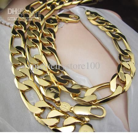  Heavy 24k Yellow gold filled Men`s necklace/Bracelet Sets 120g Figaro chain free