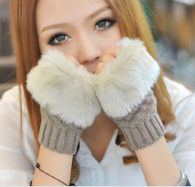 2017 vinter nya mode kvinnor varma faux päls handskar kvinnlig kanin hår stickad förtjockta fingerlösa vantar mjuk fingerlös handske