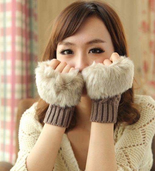 Gloves Warmer Fashion Chic Women's Rabbit Fur winter leather Warm Fingerless 