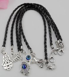 Wholesale - Free Shipping 100Pcs Mixed Kabbalah Hamsa Hand EVIL EYE Charms Black Leatheroid Braided String Cord Lucky Bracelets