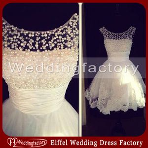 Hot Sale Casual Short Bridal Dresses Real Prov Bröllopsklänning Elfenben Spets Applikationer Beaded Sheer Neck Formell Party Gowns Utsökt Pearls