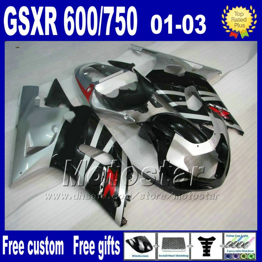 7gifts Motorcycle Parts для Suzuki K1 Обтекаватели 2001-2003 г /с-R600 GSX-R750 01 02 03 GSXR600 / 750 ABS Обтекательный комплект Silver Black Uyy74 +