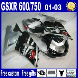 7gifts motorcycle parts for SUZUKI K1 fairings 2001-2003 GSX-R600 GSX-R750 01 02 03 GSXR600/750 ABS fairing kit silver black Uy74+Seat Cowl