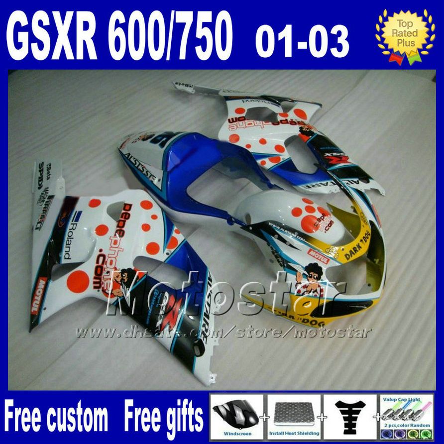 

7gifts motorcycle parts for suzuki k1 fairings 20012003 gsxr600 gsxr750 01 02 03 gsxr600 750 blue white fairing kit uy86seat cowl, Multi-color
