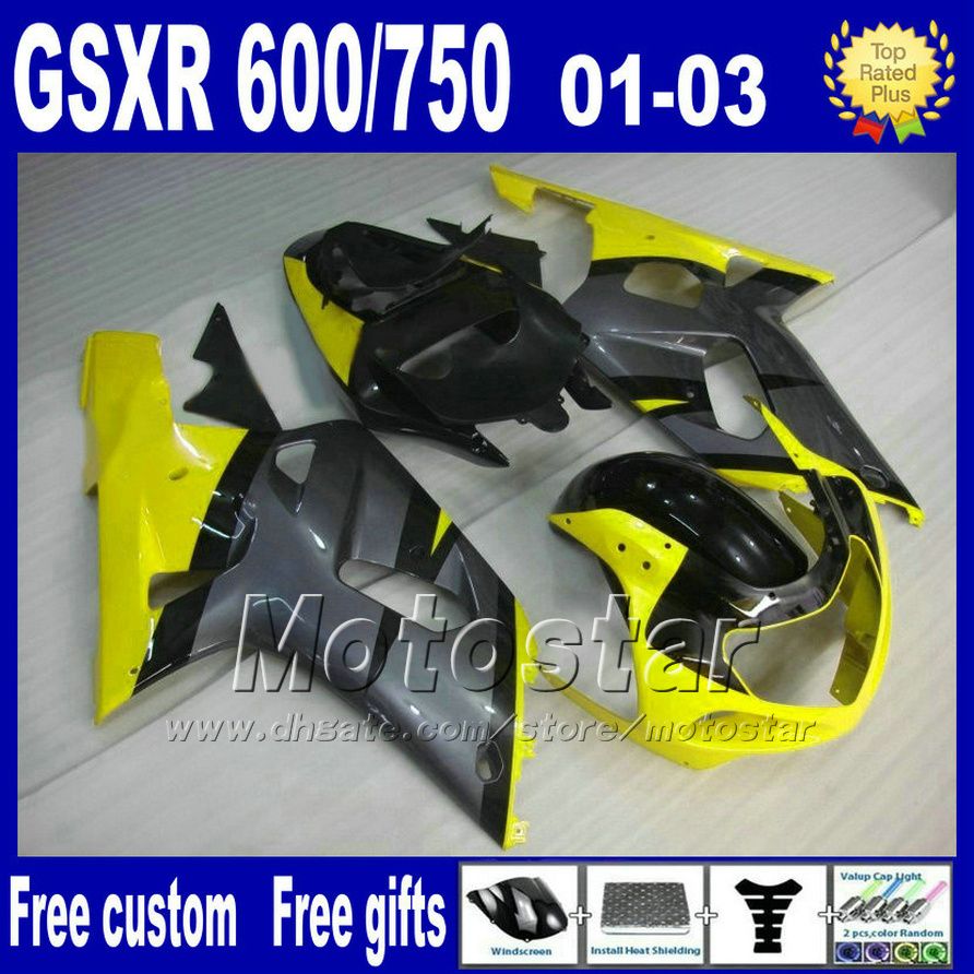 7gifts motorcycle parts for SUZUKI K1 fairings 2001-2003 GSX-R600 GSX-R750 01 02 03 GSXR600/750 yellow black fairing kit Uy89+Seat Cowl