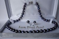 Nueva joyería de perlas finas genuina ROUND 18INCHES 9-10mm Black Pearls Necklace Earring Set