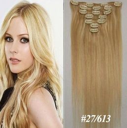 Wholesale - 160g/pc 10pc/set 27/613# light blonde 100% human hair/brazilian hair clips in extensions real straight full head high quality