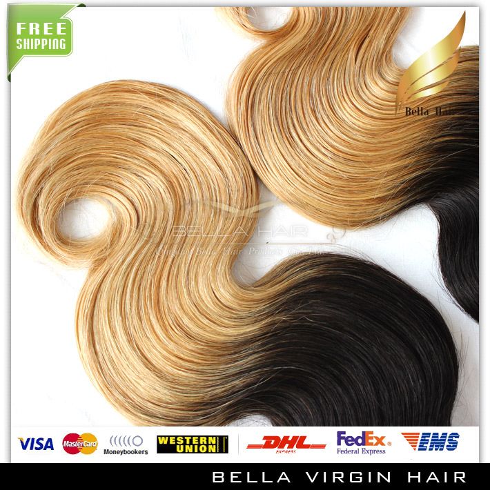 Brasilianska Ombre Human Hair Extension Body Wave Wavy Waves Dip Dyet # 1b / # 27 Färg Human Hair Gratis Shipping Bella Hair