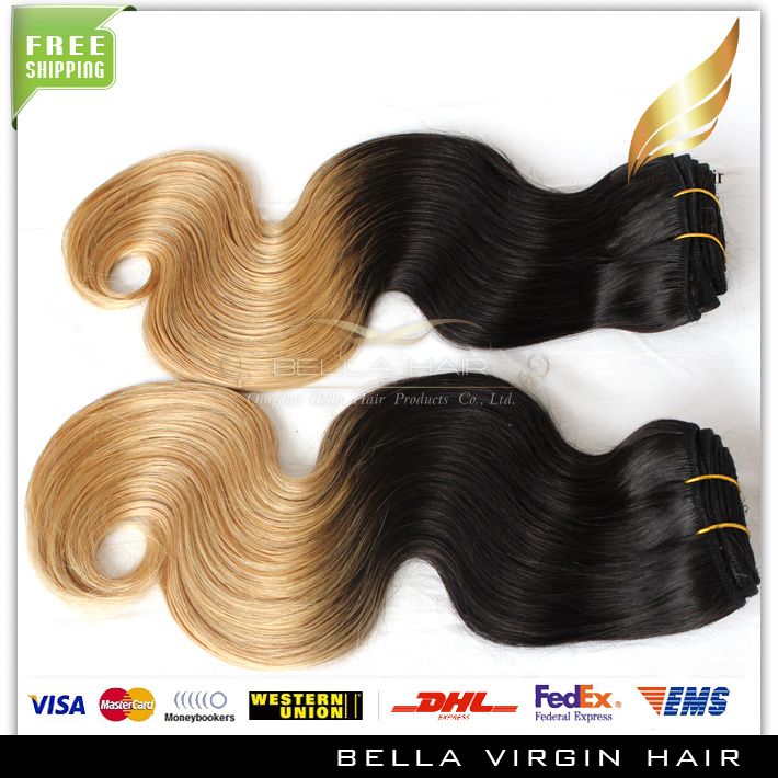 Brasilianska Ombre Human Hair Extension Body Wave Wavy Waves Dip Dyet # 1b / # 27 Färg Human Hair Gratis Shipping Bella Hair