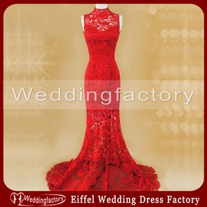 우아한 붉은 레이스 cheongsam 중국어 웨딩 드레스 인어 높은 목 민소매 깎아 지른 바닥 길이 신부 가운 맞춤 제작