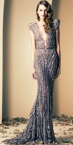2014 Ziad Nakad Luxury Mermaid Evening Gowns Prom Dresses Vintage Plunging Beaded Appliques